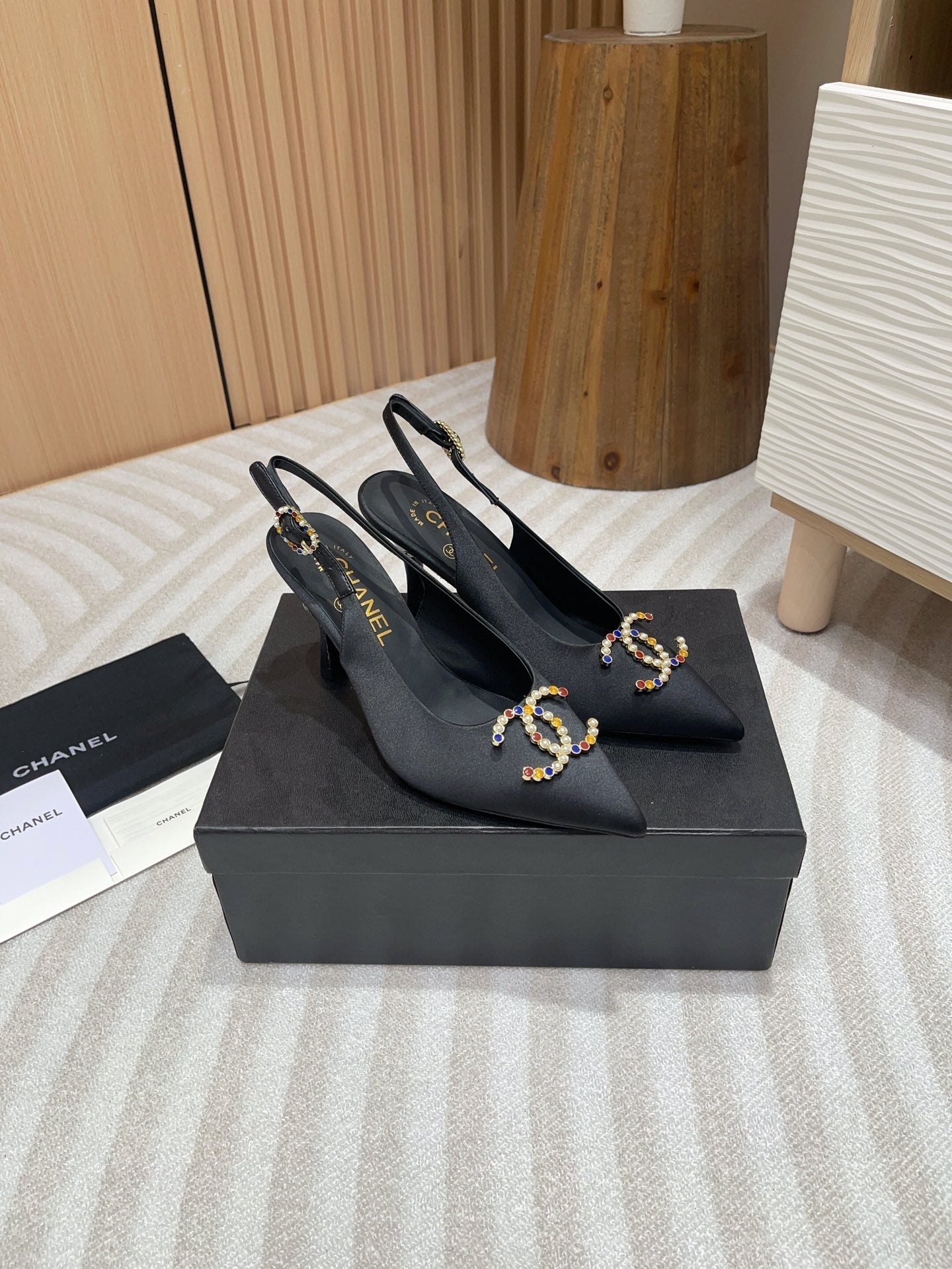 CHANEL HIGH SLINGBACKS BLACK SATIN AND LAMBSKIN