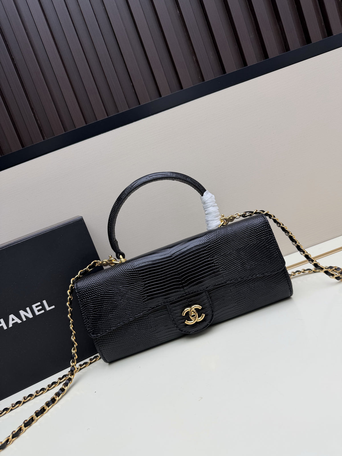 Chanel East West Flap Bag – Black Lizard Embossed Leather with Gold Hardware