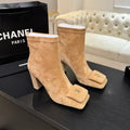 Chanel Tan Square-Toe Block-Heel Ankle Boots