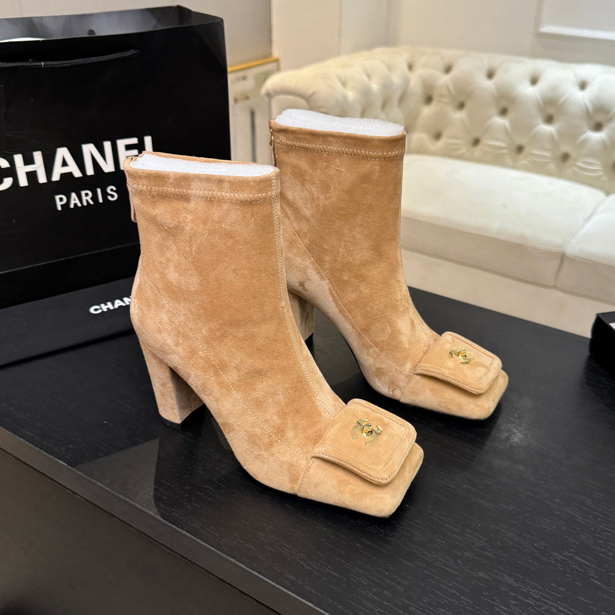 Chanel Tan Square-Toe Block-Heel Ankle Boots