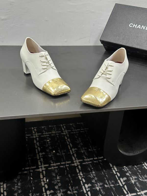 Chanel White & Gold Cap-Toe Lace-Up Heels