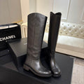 Chanel CC Logo Knee-High Riding Boots in Black Leather