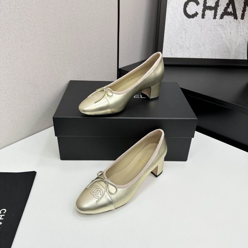 Chanel Gold Metallic Leather Cap-Toe Bow Block Heel Pump