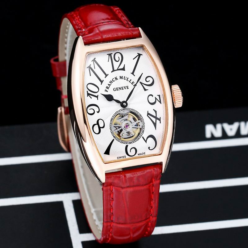 Franck Muller Genève Tourbillon Ladies Watch – Rose Gold Tonneau, White Dial, Red Leather Strap