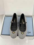 Prada Gray Buckle-Strap Logo Flats