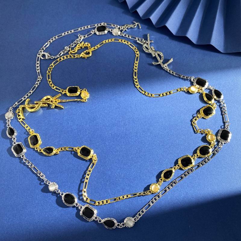 Saint Laurent YSL Cassandre Two-Tone Station Necklace with black stones and gold and silver chain