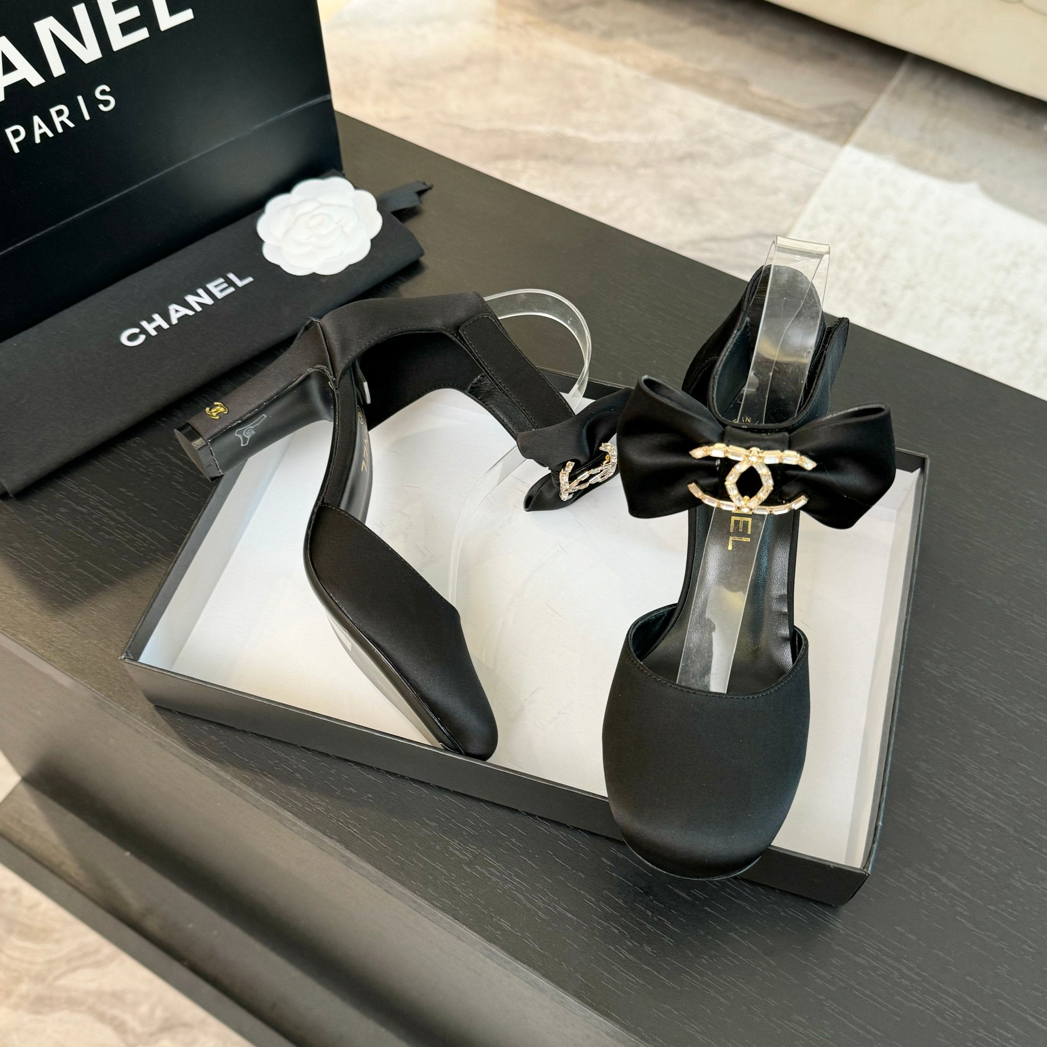 CHANEL HIGH MARRY JANE IN BLACK SATIN