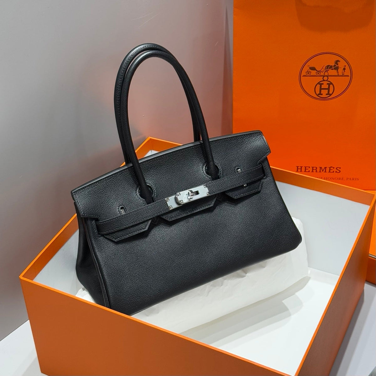 HERMES 25S SHOULDER BIRKIN 29 IN BLACK CALFSKIN SILVER HARDWARE