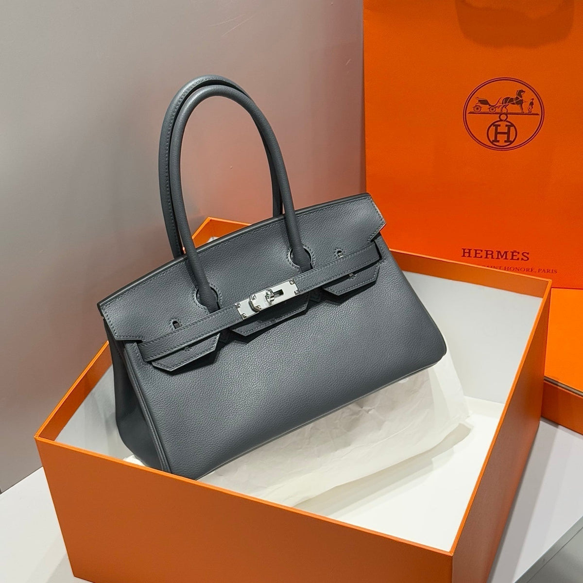 HERMES 25S SHOULDER BIRKIN 29 IN HAZE GRAY CALFSKIN SILVER HARDWARE