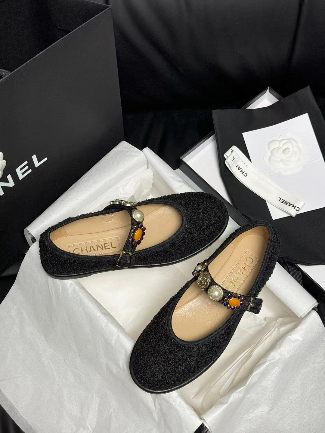 CHANEL MARY JANES BLACK WOOL TWEED AND FABRIC