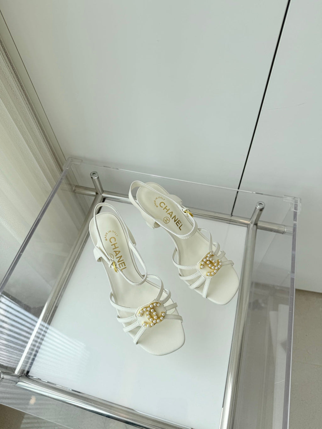 CHANEL HIGH HEEL SANDALS 85 MM IN WHITE LAMBSKIN